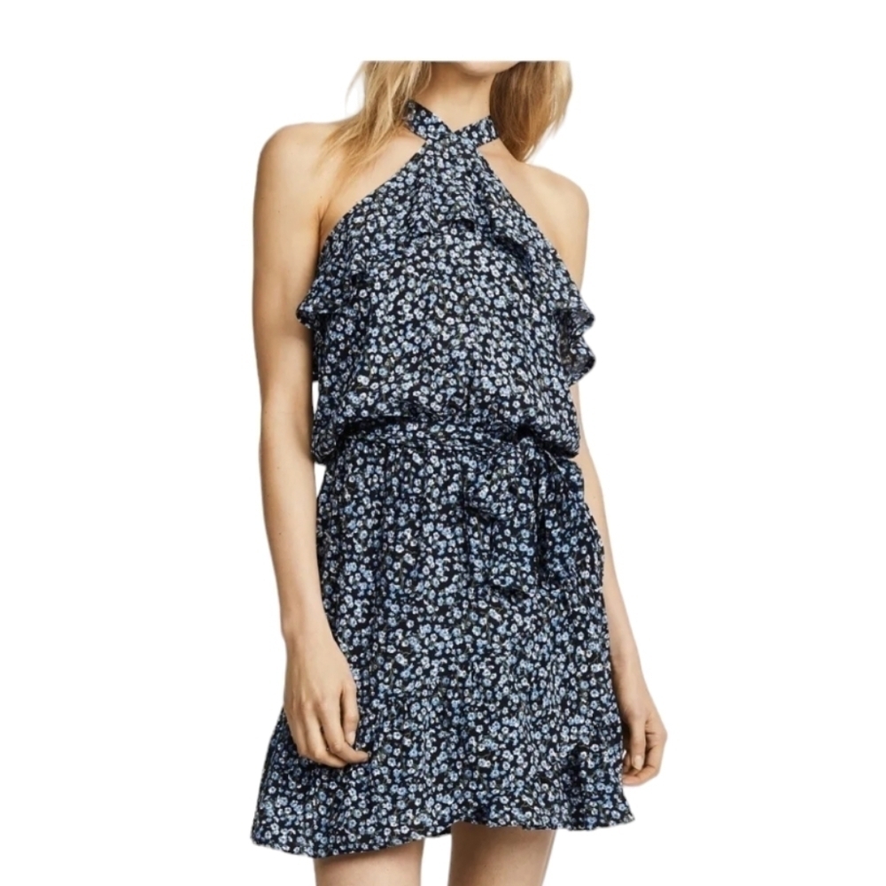 Faithfull The Brand Mini Dress Large Manarola Blue Ruffle A Line Floral Boho‎